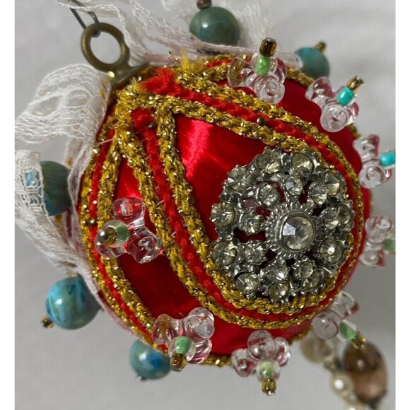 VTG MCM Satin Push Pin Ornament Red Teardrop Beaded Sequin Rhinestone Handmade - Picture 3 of 6